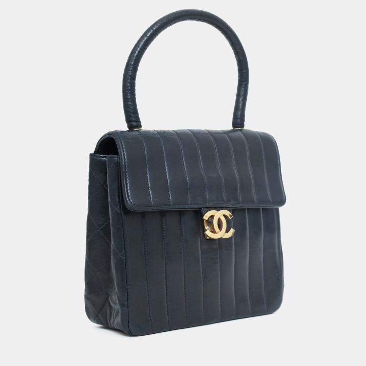 Pre Owned Chanel 1991-94 Black Vertical Quilted Lambskin Top Handle Bag