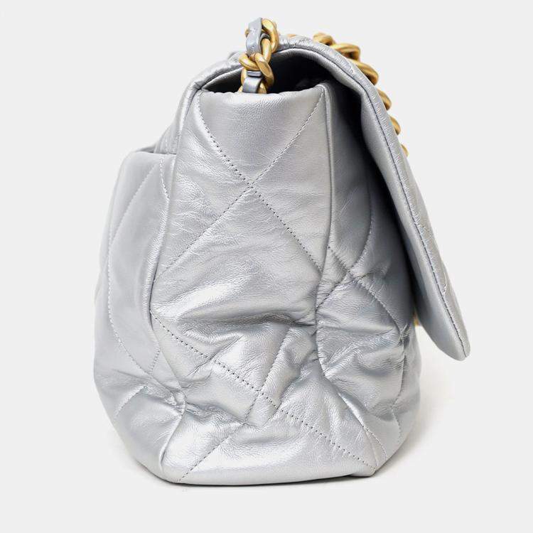 Pre Owned Chanel Silver Leather Maxi 19 Flap
