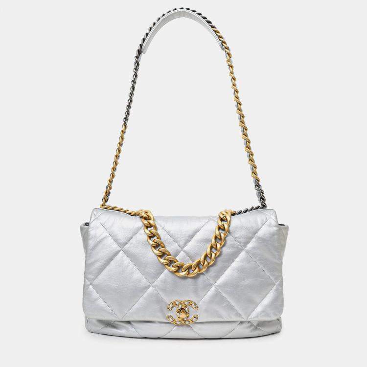 Pre Owned Chanel Silver Leather Maxi 19 Flap
