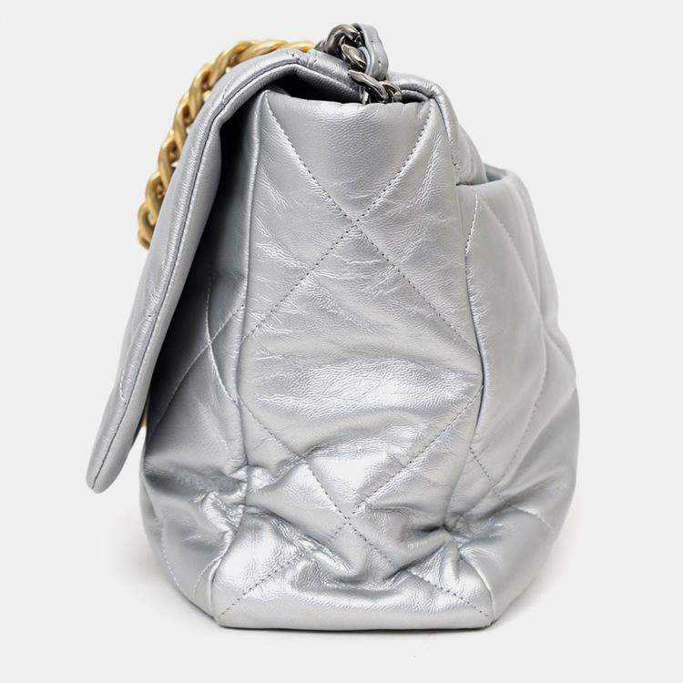 Pre Owned Chanel Silver Leather Maxi 19 Flap