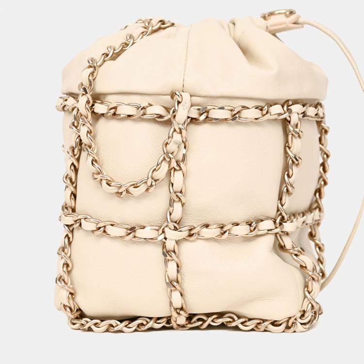 Pre Owned Chanel 2019-20 Cream Lambskin Leather Bucket Chain Drawstring Bag
