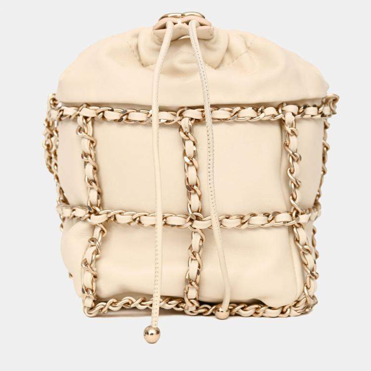 Pre Owned Chanel 2019-20 Cream Lambskin Leather Bucket Chain Drawstring Bag