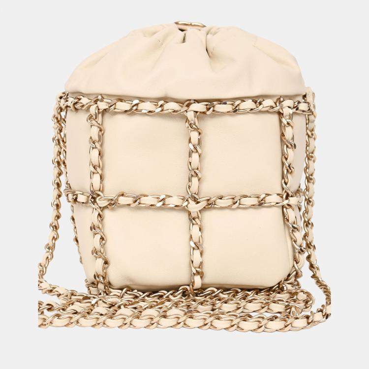 Pre Owned Chanel 2019-20 Cream Lambskin Leather Bucket Chain Drawstring Bag