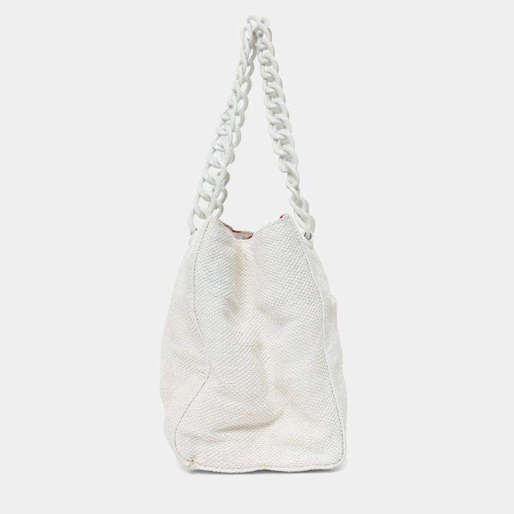 Pre Owned Chanel 2000-02 White Raffia Chain Beach Tote With Pouches