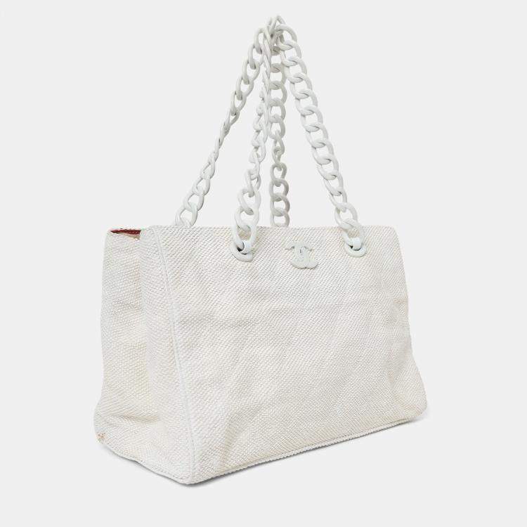 Pre Owned Chanel 2000-02 White Raffia Chain Beach Tote With Pouches