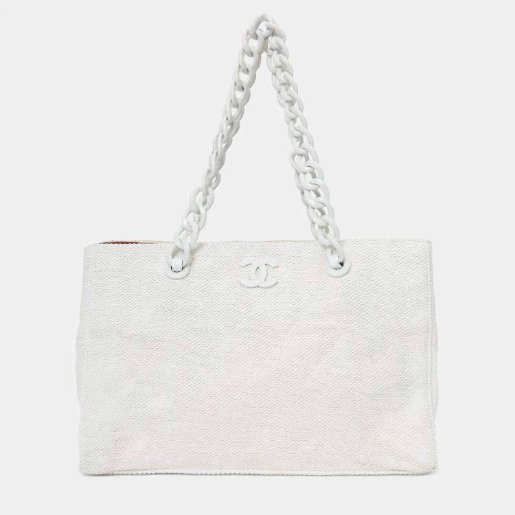 Pre Owned Chanel 2000-02 White Raffia Chain Beach Tote With Pouches