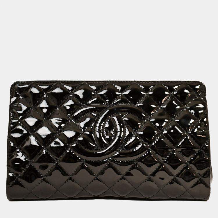 Pre Owned Chanel 2012-13 Black Patent Timeless Frame Clutch