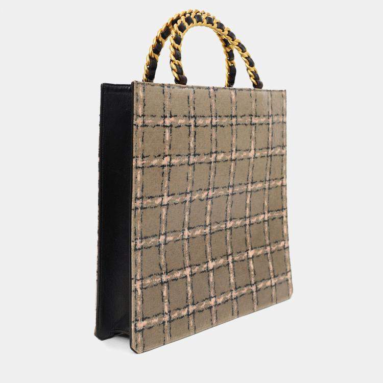 Pre Owned Chanel Grey/Pink Plaid Chain Top Handle Bag