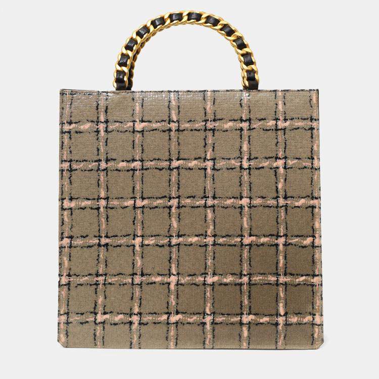 Pre Owned Chanel Grey/Pink Plaid Chain Top Handle Bag