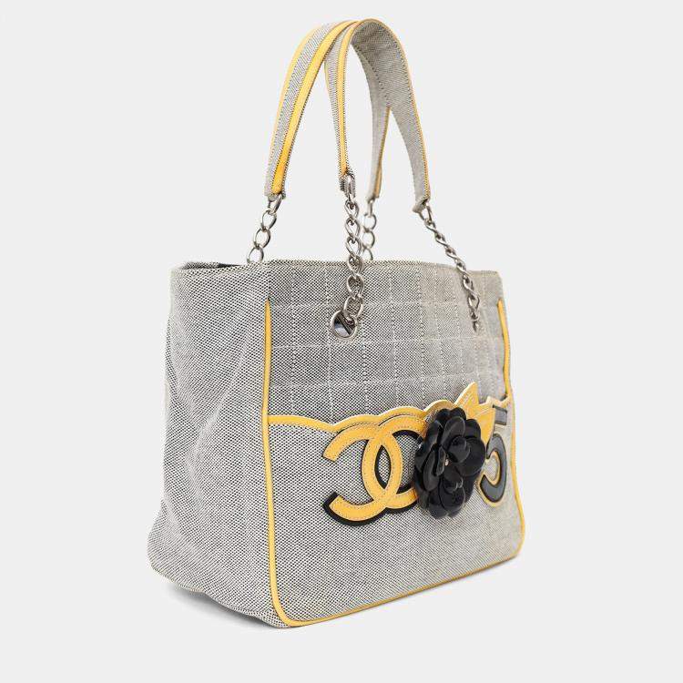 Pre Owned Chanel 2005-06 Yellow/Grey CC Camellia No. 5 Choco Bar Canvas Tote