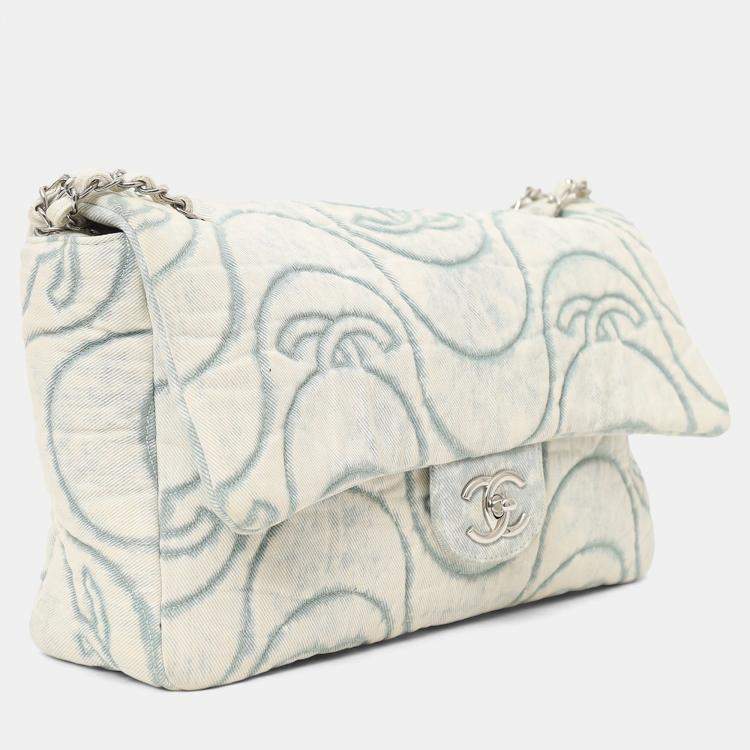 Pre Owned Chanel 2021 Blue Denim Wave Jumbo Flap Bag