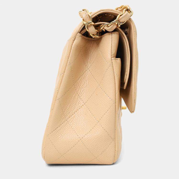 Pre Owned Chanel 2010-11 Beige Caviar Leather Jumbo Classic Double Flap Bag