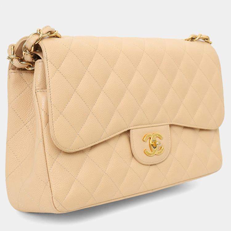 Pre Owned Chanel 2010-11 Beige Caviar Leather Jumbo Classic Double Flap Bag