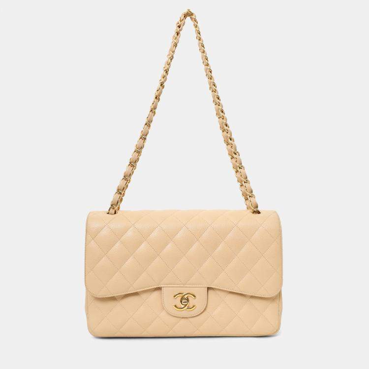 Pre Owned Chanel 2010-11 Beige Caviar Leather Jumbo Classic Double Flap Bag