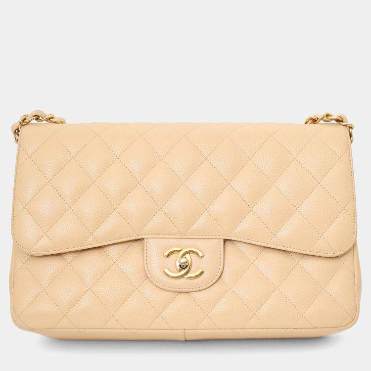 Pre Owned Chanel 2010-11 Beige Caviar Leather Jumbo Classic Double Flap Bag