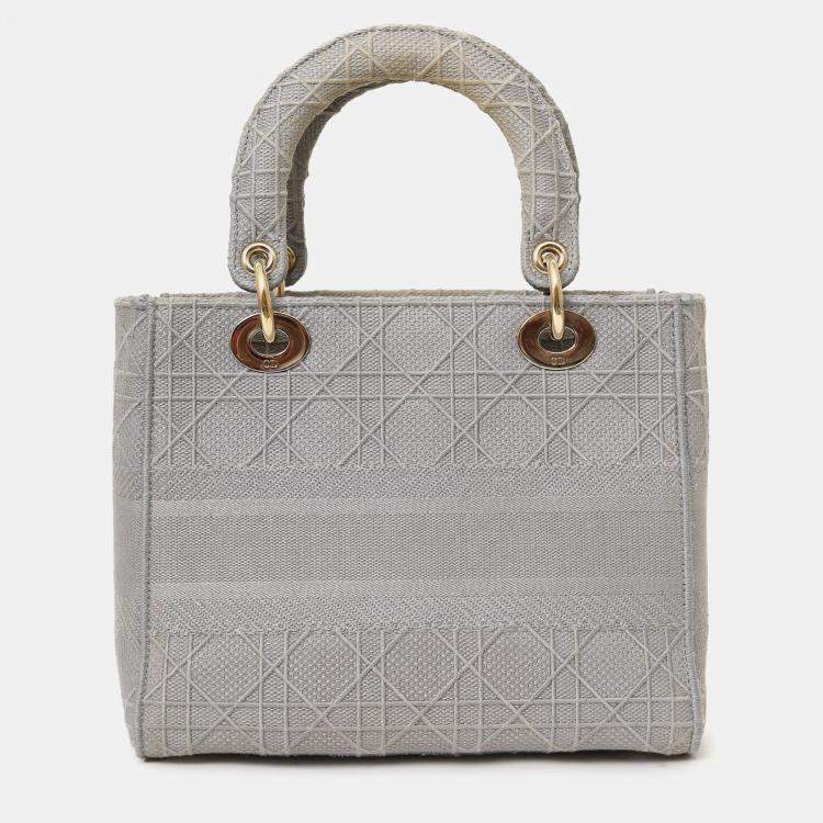 Pre Owned Christian Dior 2020 Grey Cannage Embroidered Canvas Medium Lady D-Lite With Strap