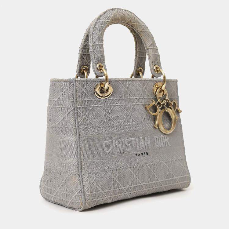 Pre Owned Christian Dior 2020 Grey Cannage Embroidered Canvas Medium Lady D-Lite With Strap