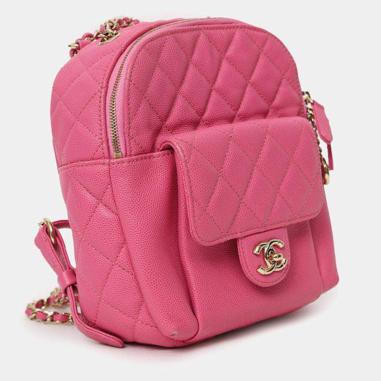 Pre Owned Chanel 2019 Hot Pink Caviar Leather Mini Chain Backpack