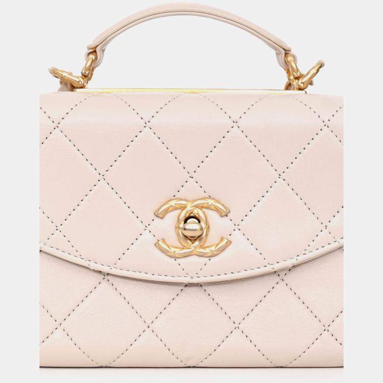 Pre Owned Chanel 2020 Beige Lambskin Mini Top Handle Bag with Quilted Gold Hardware