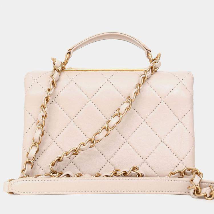 Pre Owned Chanel 2020 Beige Lambskin Mini Top Handle Bag with Quilted Gold Hardware