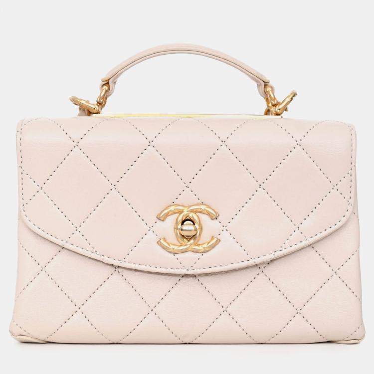 Pre Owned Chanel 2020 Beige Lambskin Mini Top Handle Bag with Quilted Gold Hardware