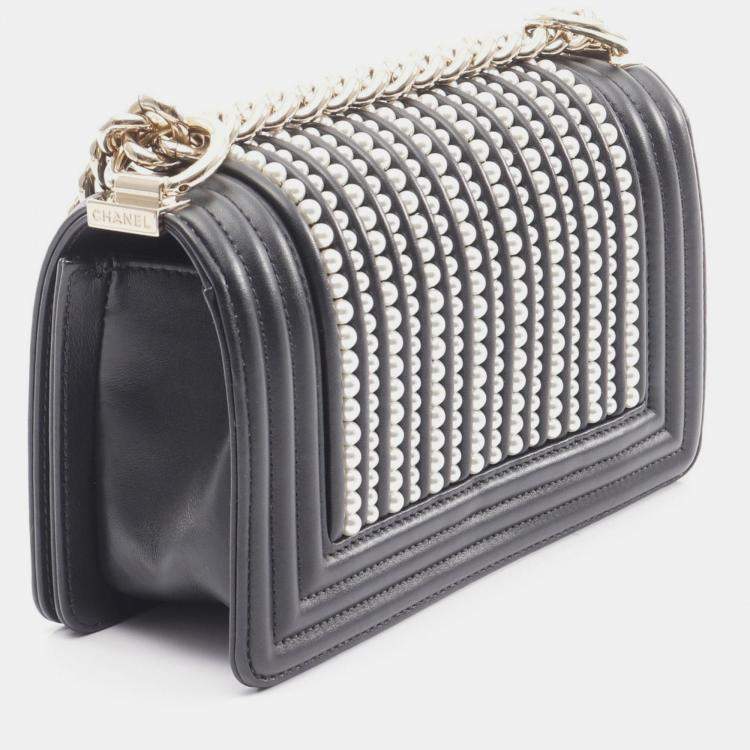 Pre Owned Chanel Boy Small Pearl Black Leather Shoulder Bag