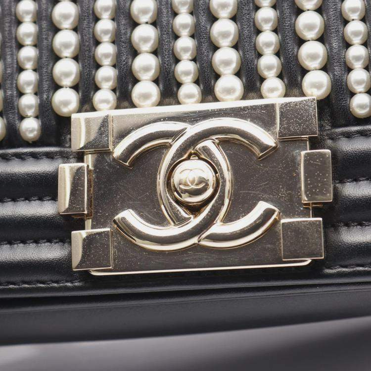 Pre Owned Chanel Boy Small Pearl Black Leather Shoulder Bag