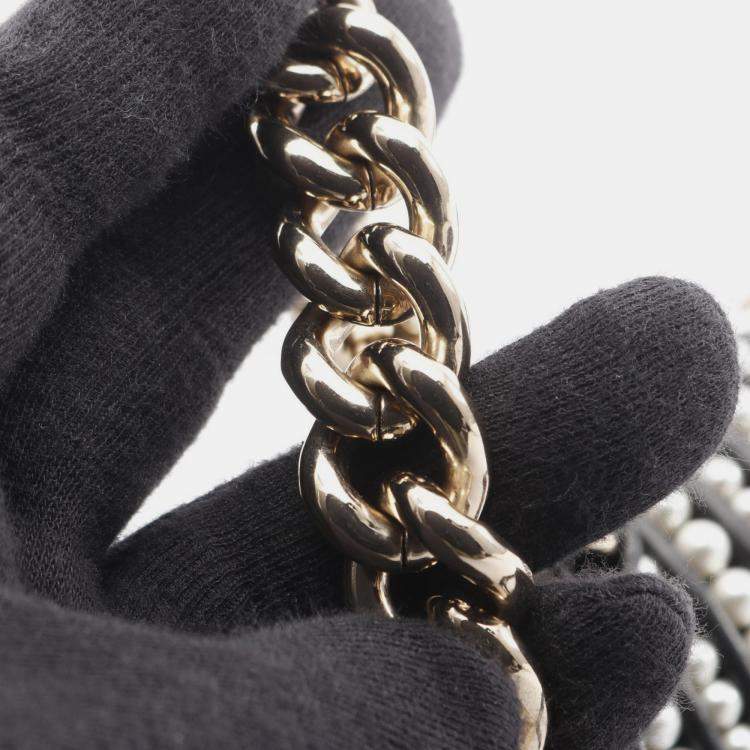 Pre Owned Chanel Boy Small Pearl Black Leather Shoulder Bag