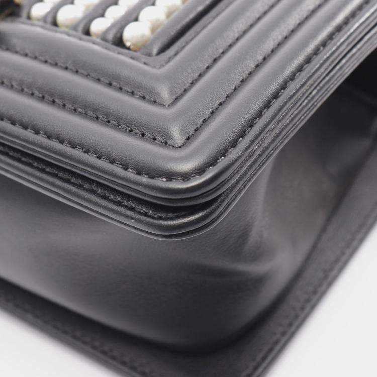 Pre Owned Chanel Boy Small Pearl Black Leather Shoulder Bag