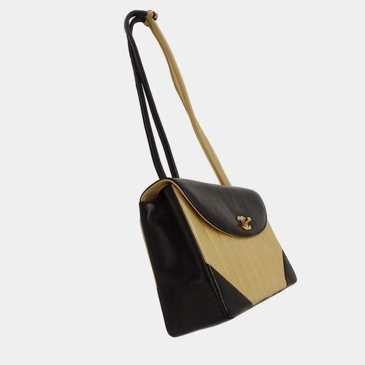 Pre Owned Chanel Mademoiselle Shoulder Bag In Black And Beige Lambskin