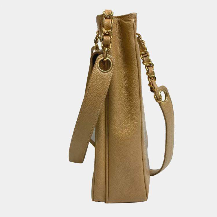 Pre Owned Chanel Cc Coco Mark Chain Tote Bag Shoulder Caviar Skin Beige
