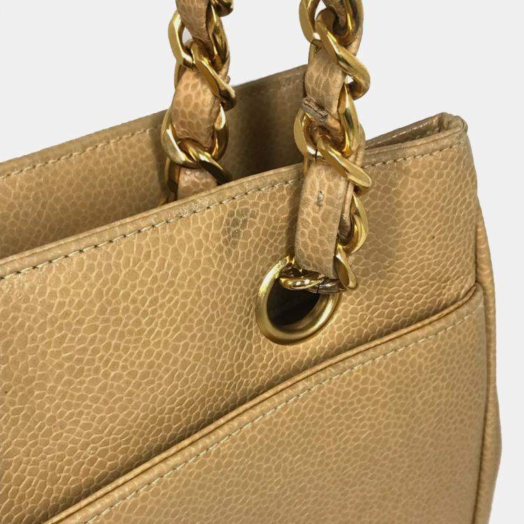 Pre Owned Chanel Cc Coco Mark Chain Tote Bag Shoulder Caviar Skin Beige