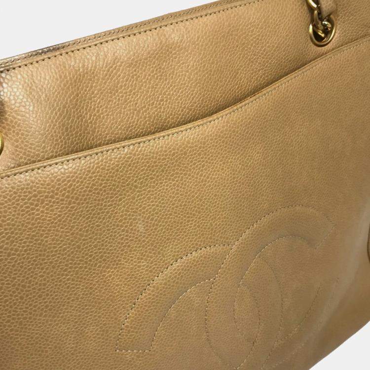 Pre Owned Chanel Cc Coco Mark Chain Tote Bag Shoulder Caviar Skin Beige