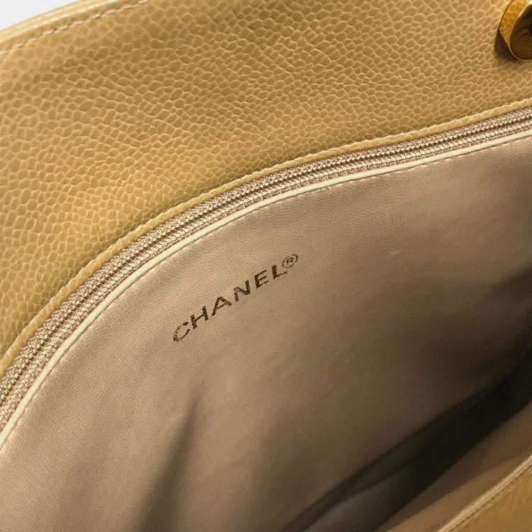 Pre Owned Chanel Cc Coco Mark Chain Tote Bag Shoulder Caviar Skin Beige