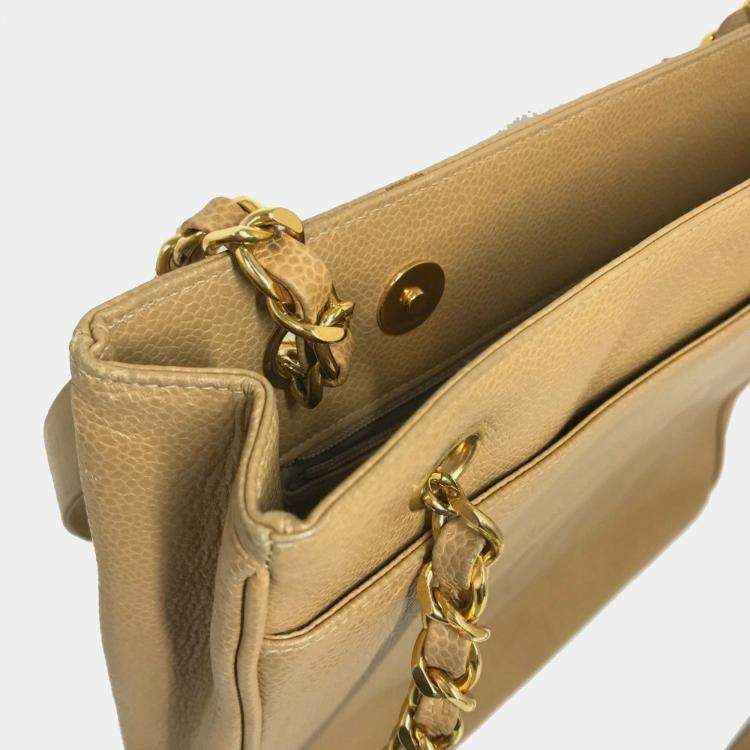 Pre Owned Chanel Cc Coco Mark Chain Tote Bag Shoulder Caviar Skin Beige