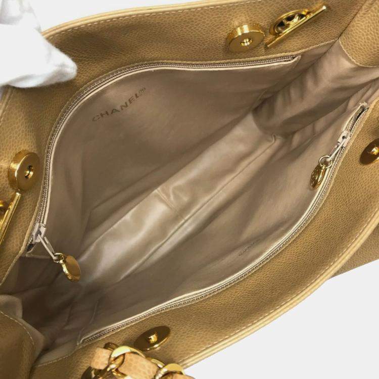 Pre Owned Chanel Cc Coco Mark Chain Tote Bag Shoulder Caviar Skin Beige