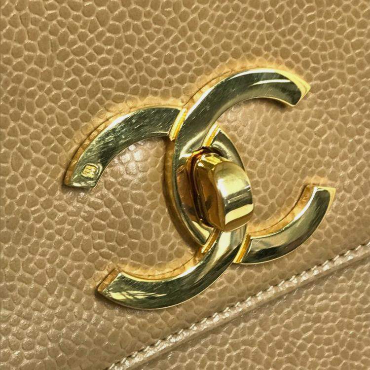 Pre Owned Chanel Cc Coco Mark Chain Tote Bag Shoulder Caviar Skin Beige
