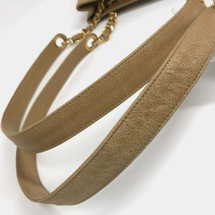 Pre Owned Chanel Cc Coco Mark Chain Tote Bag Shoulder Caviar Skin Beige