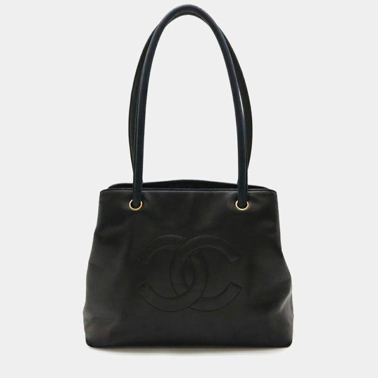 Pre Owned Chanel Coco Mark Tote Bag Shoulder Lambskin Leather Black