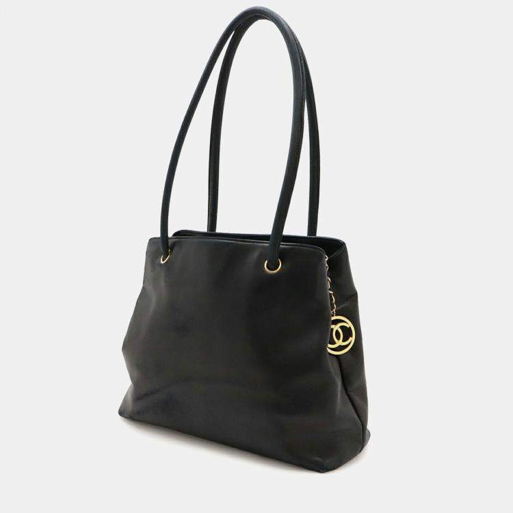 Pre Owned Chanel Coco Mark Tote Bag Shoulder Lambskin Leather Black