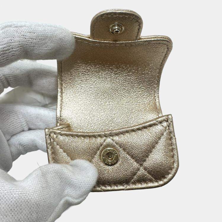Pre Owned Chanel 2024 Matelasse Coco Mark Year Wallet/Coin Case Airpods Bag Charm Lambskin Gold