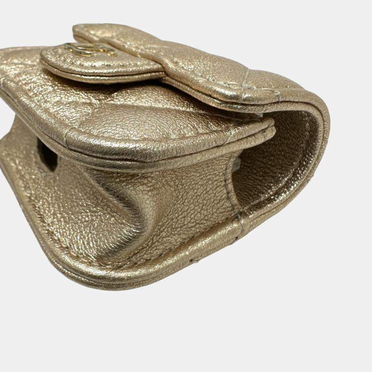 Pre Owned Chanel 2024 Matelasse Coco Mark Year Wallet/Coin Case Airpods Bag Charm Lambskin Gold