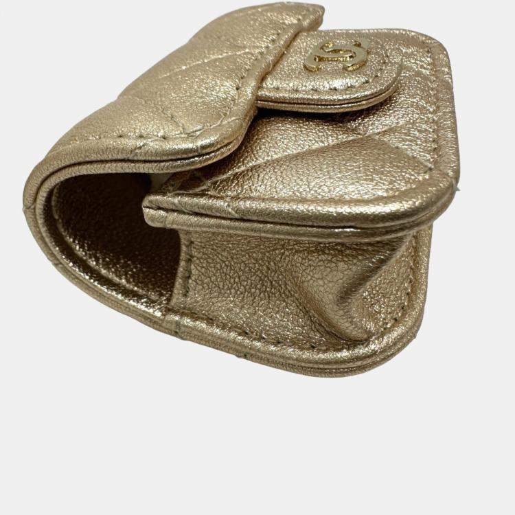 Pre Owned Chanel 2024 Matelasse Coco Mark Year Wallet/Coin Case Airpods Bag Charm Lambskin Gold