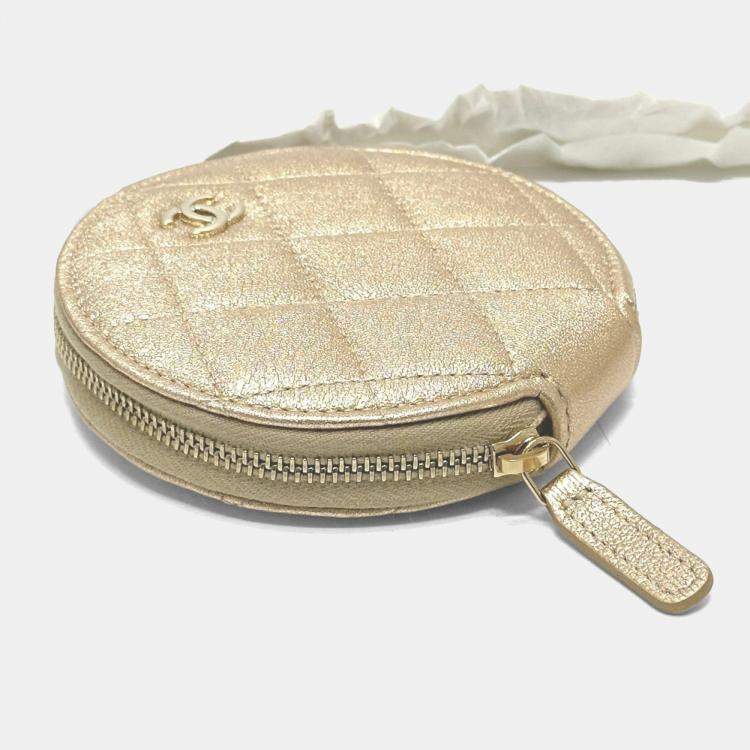 Pre Owned Chanel 2024 Matelasse Coco Mark Year Wallet/Coin Case Airpods Bag Charm Lambskin Gold