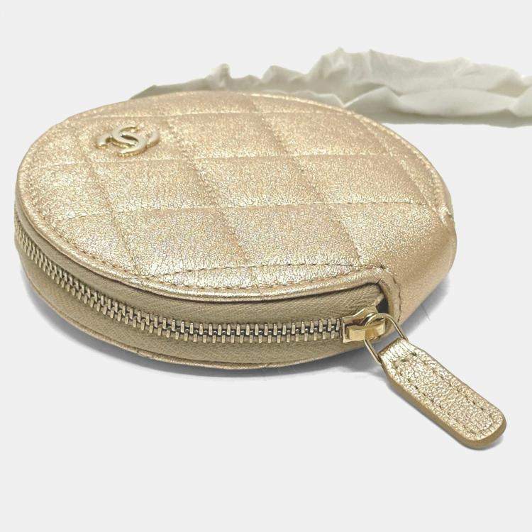 Pre Owned Chanel 2024 Matelasse Coco Mark Year Wallet/Coin Case Airpods Bag Charm Lambskin Gold