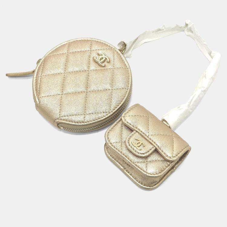 Pre Owned Chanel 2024 Matelasse Coco Mark Year Wallet/Coin Case Airpods Bag Charm Lambskin Gold