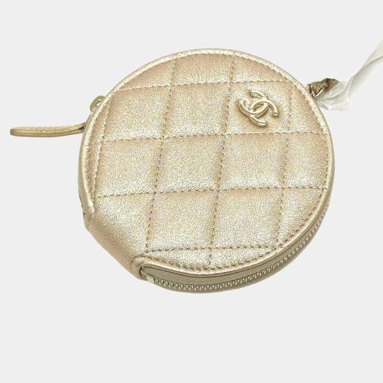 Pre Owned Chanel 2024 Matelasse Coco Mark Year Wallet/Coin Case Airpods Bag Charm Lambskin Gold