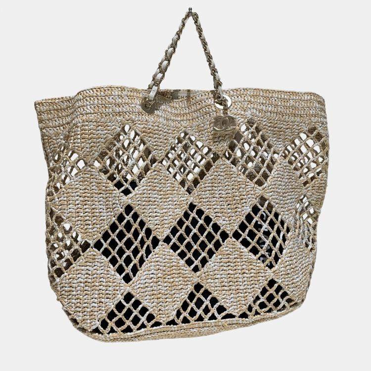 Pre Owned Chanel Cocobeach White Raffia Beach Tote Bag