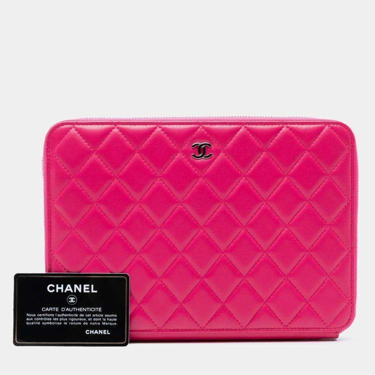 Pre Owned Chanel Pink Large Quilted Lambskin Zip Around Organizer Clutch