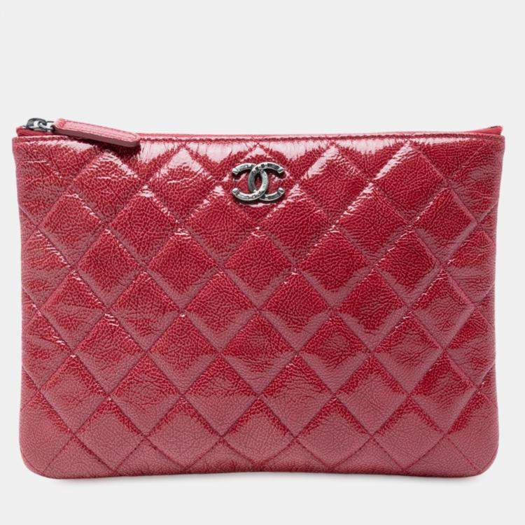 Pre Owned Chanel Red Small Crinkled Patent O Case Clutch